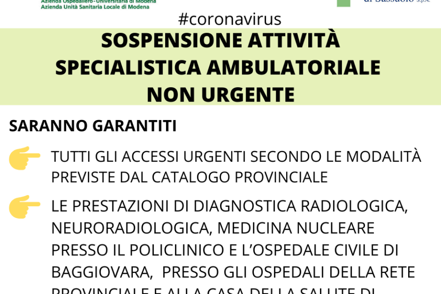 Coronavirus: su tutto il territorio provinciale sospesa l’erogazione di attività ambulatoriali non urgenti